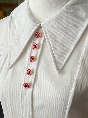 Retro Handmade Crisp White Collared Blouse Dress with Red & Navy Accent Buttons